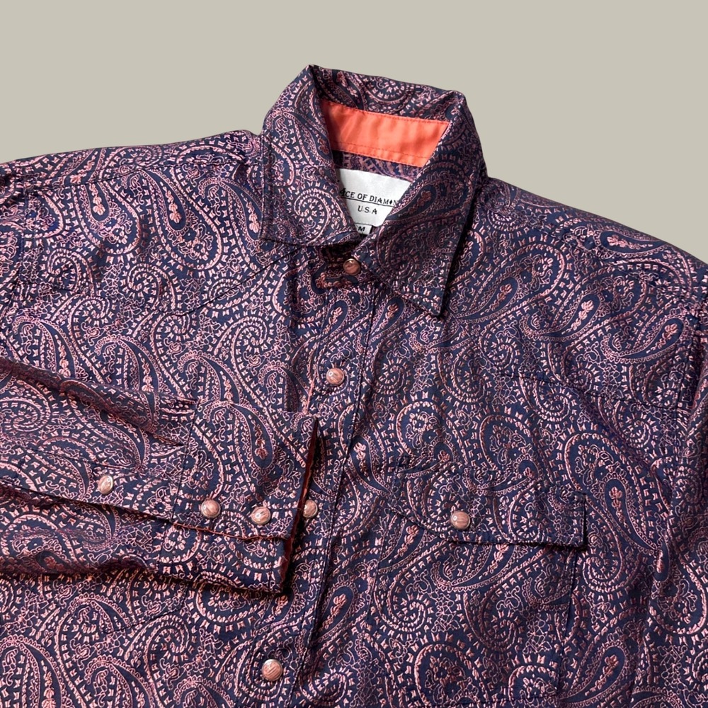 Ace of Diamond Shirt Mens M Western Pearl Snap Navy Pink Paisley Jacquard EXCEL